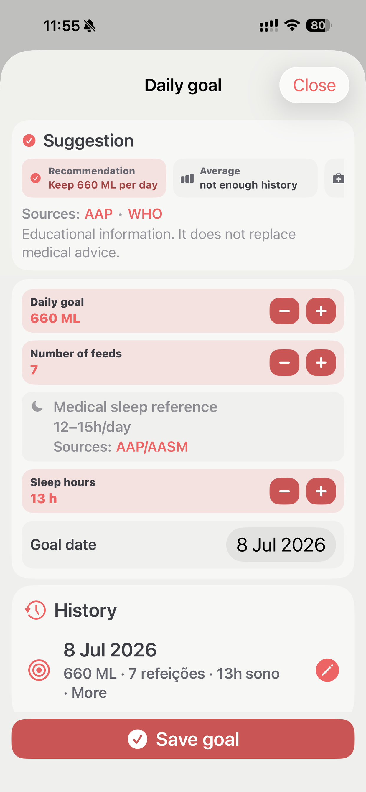 BooDoo app screenshot: Adaptive goals